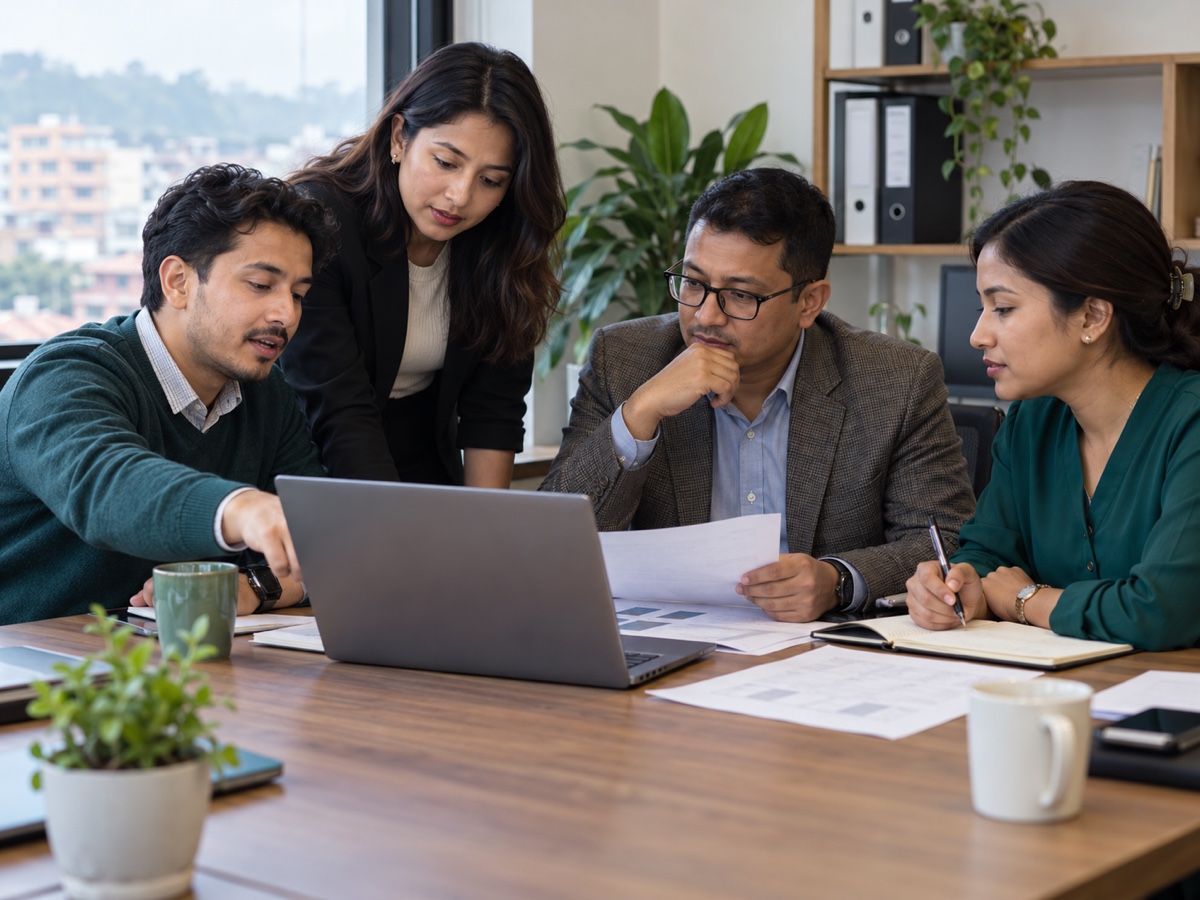 Nepali business professionals discussing a procurement requirement around a laptop